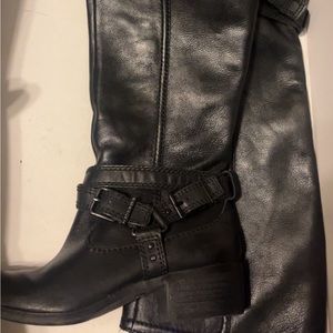 black leather one inch heel tall boots